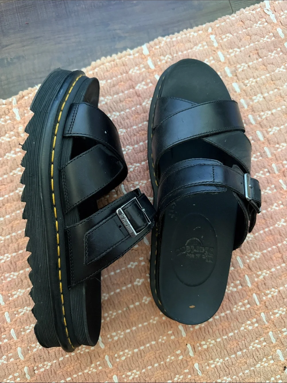 Dr. Martens Black Leather Crossover Buckle Slide Sandals - Picture 2 of 4